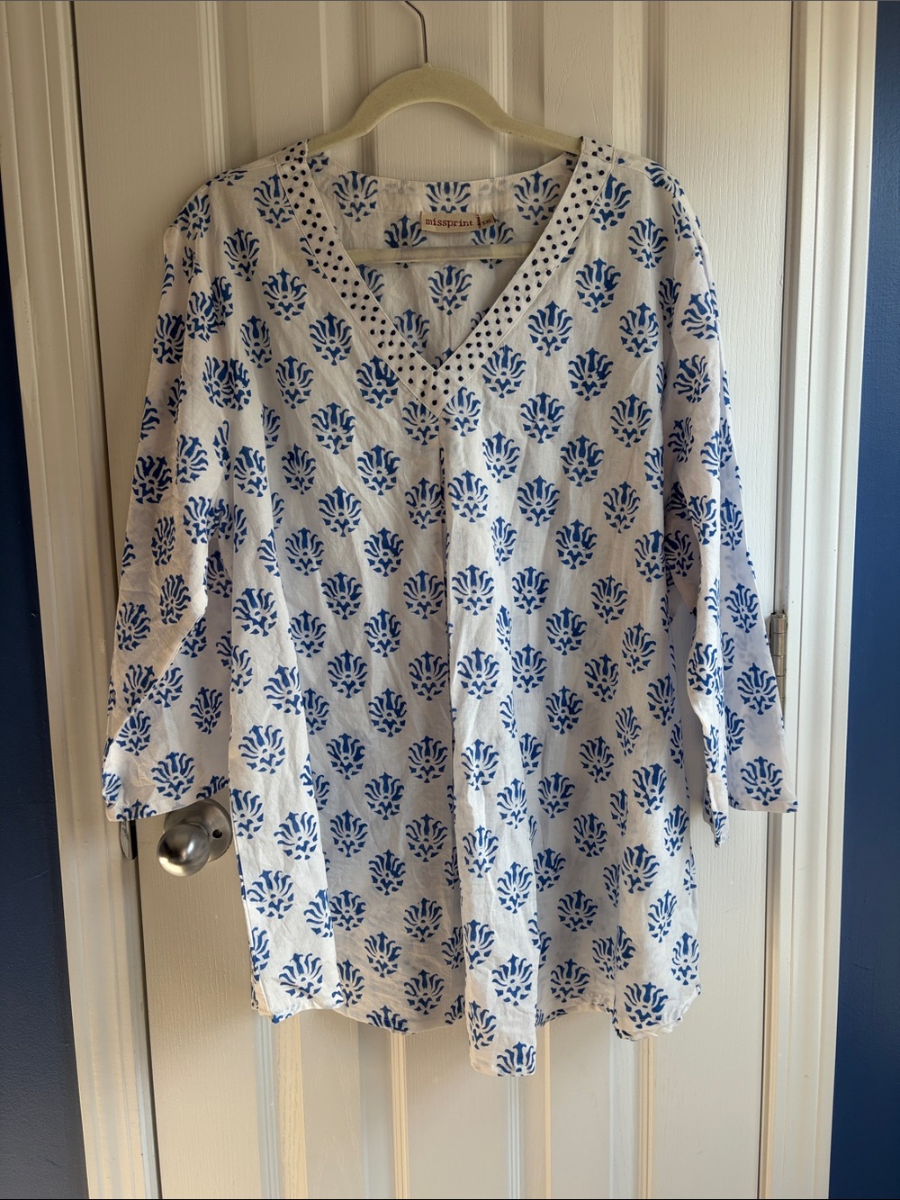 Missprint 5XL Blue White Floral Hand Block Print Tunic Top 3/4 Sleeve Boho